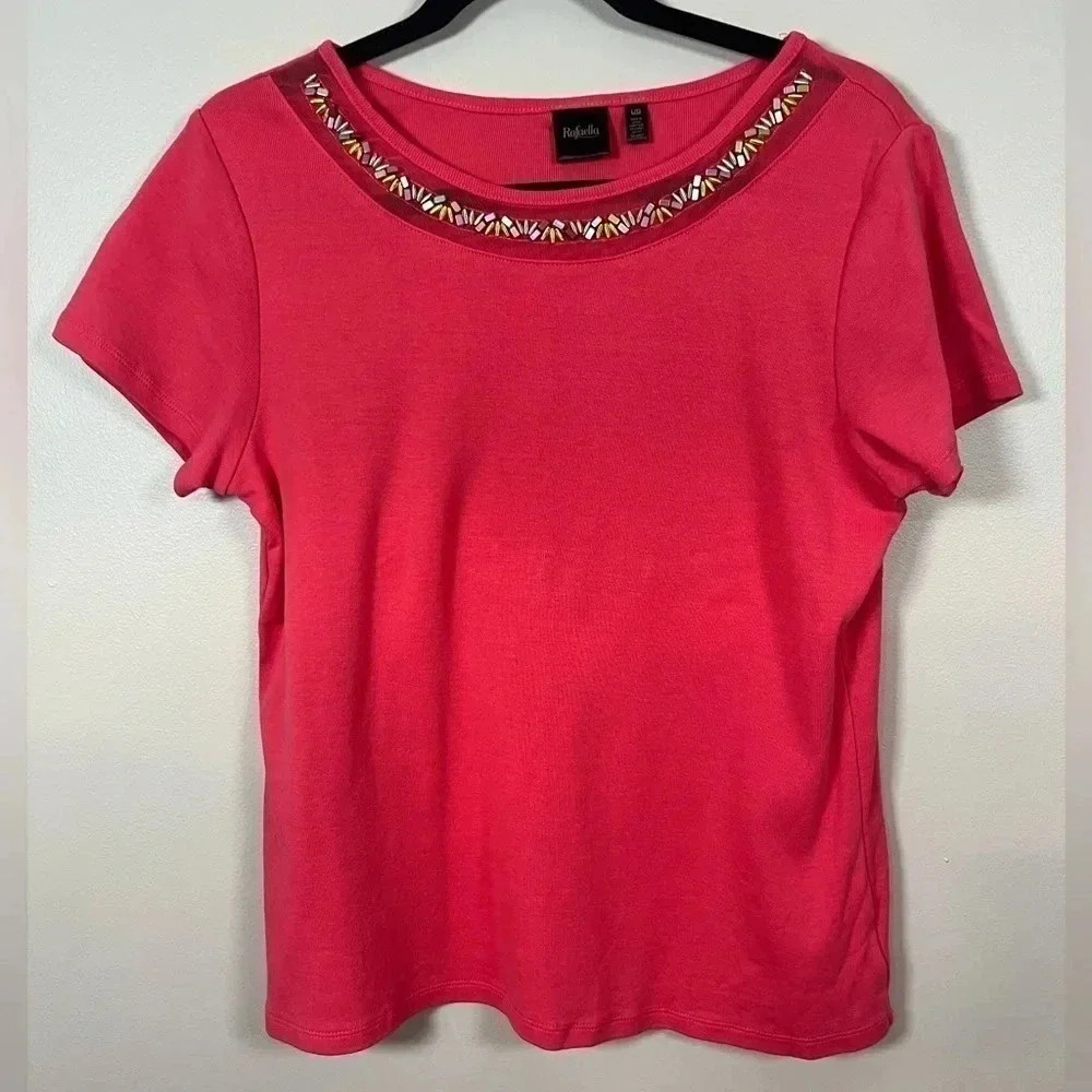 Rafaella coral‎ short sleeve top with beaded and mesh collar Size L
